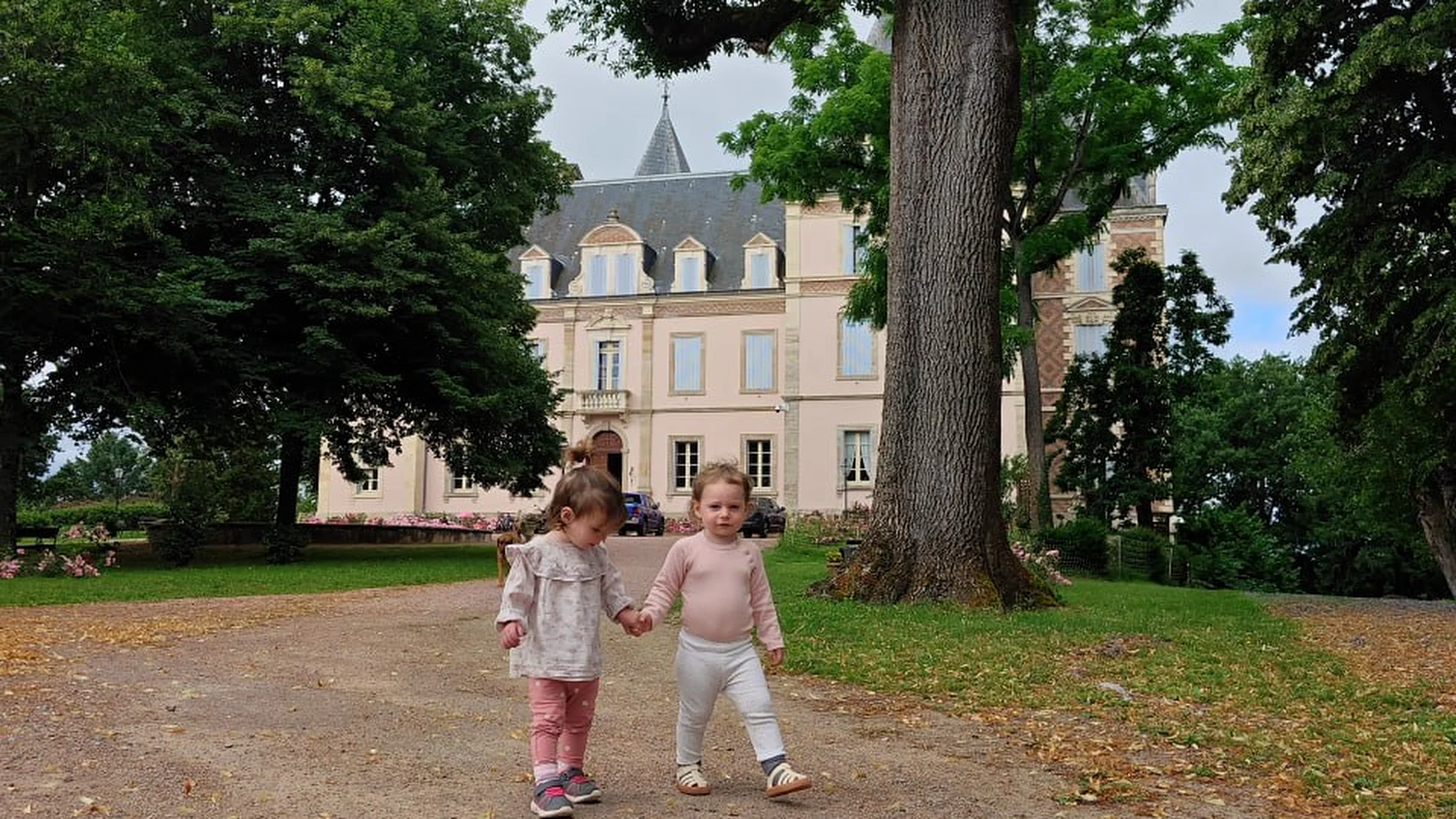 Children walking along the tree-lined allée approaching the château, dappled sunlight filtering through branches