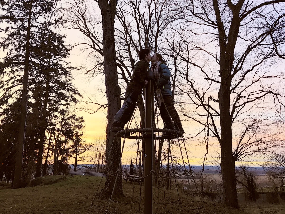 Outdoor play equipment at sunset