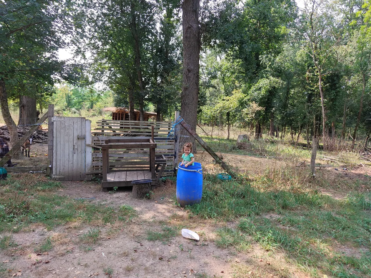 Child playing with barrels on the farm