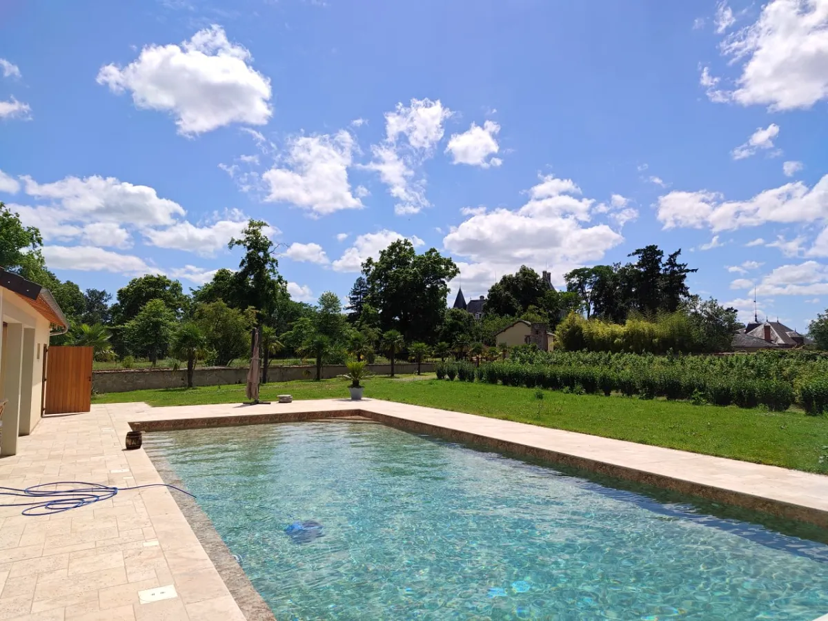 Swimming pool with château backdrop
