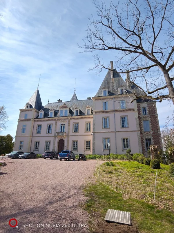 The chateau pale rose front facade under a clear spring sky, seen across the gravel forecourt